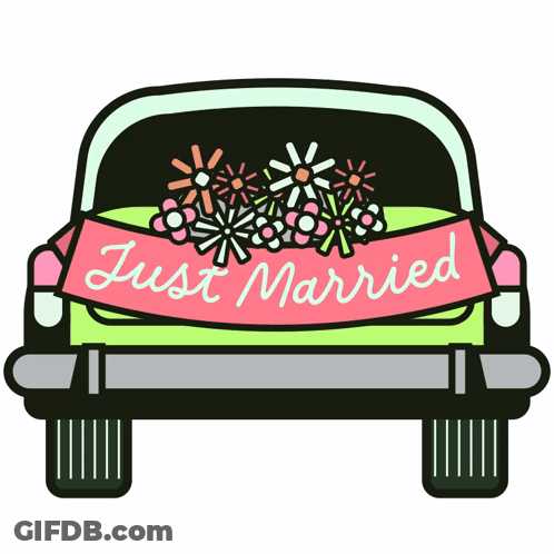 A Car With Flowers And A Just Married Banner On It GIF