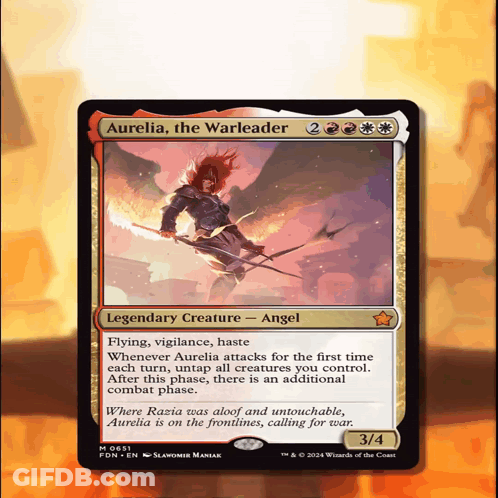 A Card That Says Aurelia The Warleader On The Top GIF