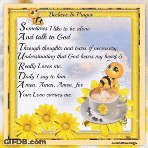 A Card That Says Believe In Prayer With A Bee On A Coffee Cup GIF