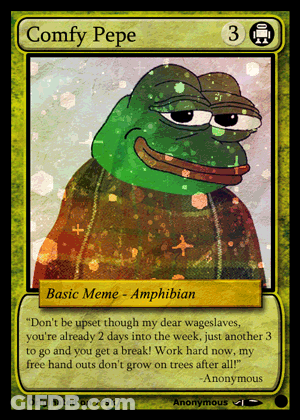 A Card That Says Comfy Pepe On It With A Frog On It GIF