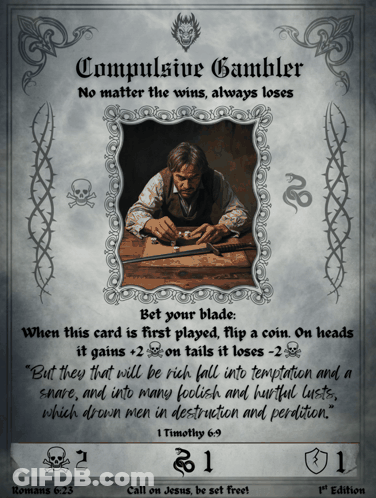 A Card That Says " Compulsive Gambler " On The Top GIF