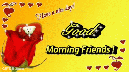 A Card That Says Good Morning Friends With A Teddy Bear On A Rose GIF