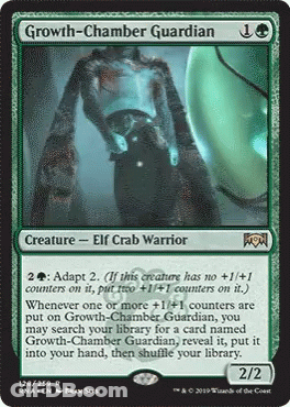 A Card That Says Growth-Chamber Guardian With A Picture Of An Elf Crab Warrior On It GIF