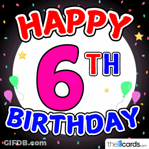 A Card That Says Happy 6Th Birthday With Balloons And Confetti GIF