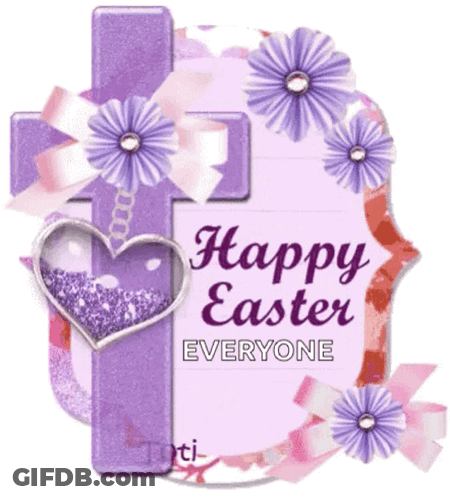 A Card That Says Happy Easter Everyone With Purple Flowers And A Cross GIF
