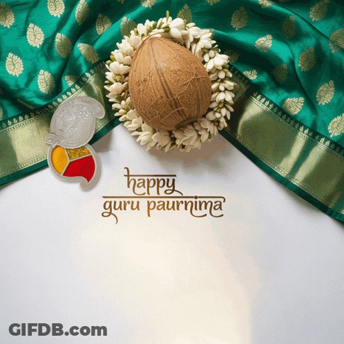 A Card That Says Happy Guru Paurnima With A Coconut And Flowers On It GIF