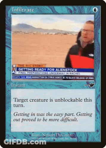 A Card That Says Infiltrate On It With A Picture Of A Man GIF