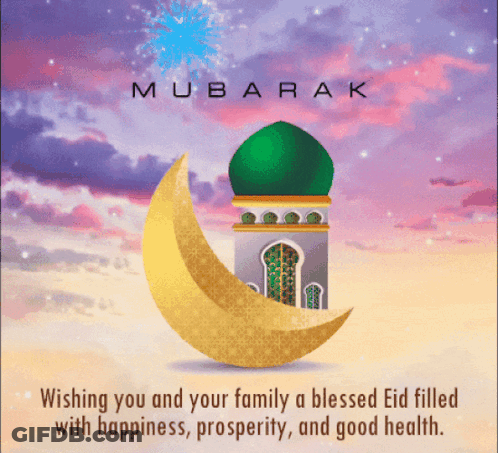 A Card That Says Mubarak Wishing You And Your Family A Blessed Eid GIF