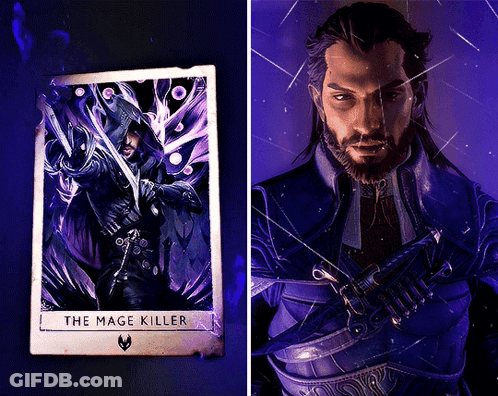 A Card That Says The Mage Killer Next To A Picture Of A Man With Long Hair GIF