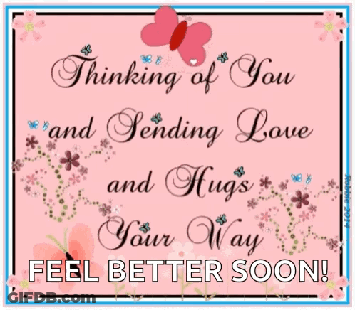 A Card That Says " Thinking Of You And Sending Love And Hugs Your Way " GIF