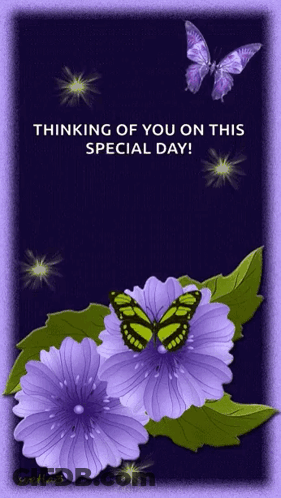 A Card That Says Thinking Of You On This Special Day With Purple Flowers And Butterflies GIF