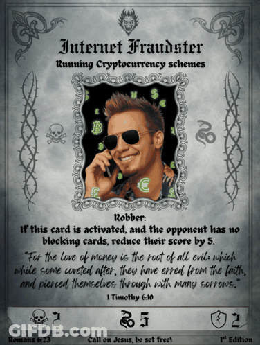 A Card With A Picture Of A Man On It That Says Internet Fraudster GIF