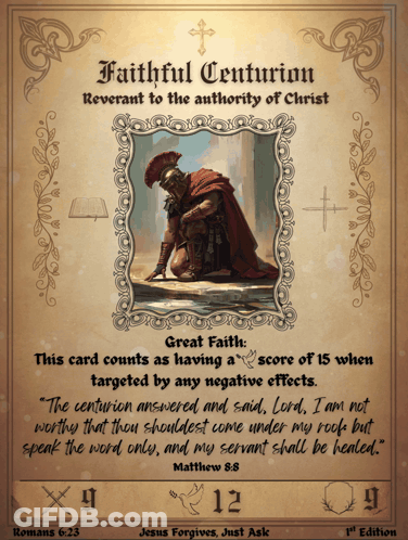 A Card With A Picture Of A Roman Soldier And The Words Faithful Centurion On It GIF