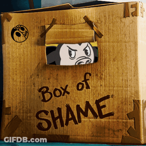 A Cardboard Box That Says Box Of Shame On The Side GIF