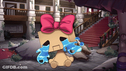 A Cardboard Box With A Pink Bow Is Crying In Front Of Stairs GIF