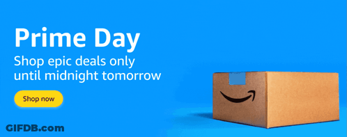 A Cardboard Box With A Smile On It And The Words " Prime Day Shop Epic Deals Only Until Midnight Tomorrow " GIF