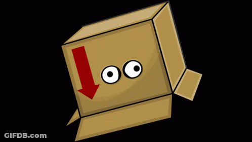 A Cardboard Box With Cartoon Eyes And An Arrow Pointing Down GIF
