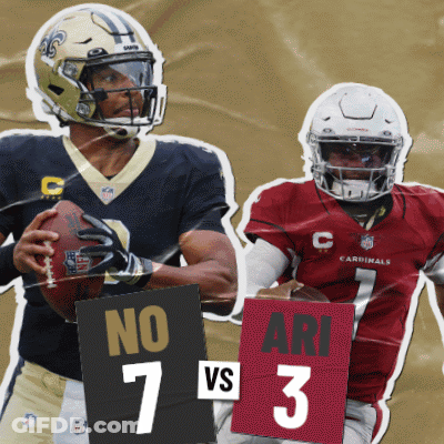 A Cardinals Player Holds A Football Next To A Player From The Saints GIF