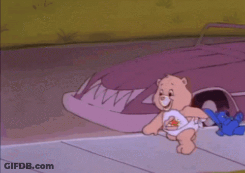 A Care Bear Holding A Blue Teddy Bear In Front Of A Car GIF