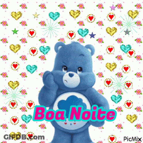 A Care Bear Is Surrounded By Hearts And Flowers And Says Boa Noite On The Bottom GIF