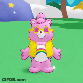 A Care Bear Wearing Sunglasses And A Rainbow Vest GIF