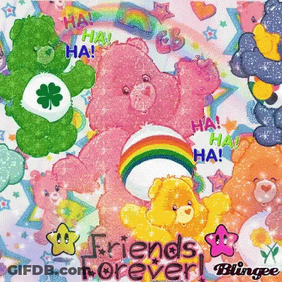 A Care Bears Background With The Words Friends Forever GIF