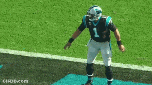 A Carolina Panthers Football Player Is Standing On A Blue Mat On The Field . GIF