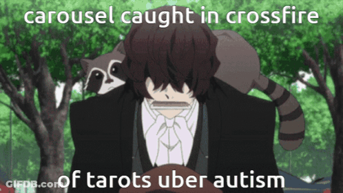 A Carousel Caught In Crossfire Of Tarots Uber Autism With A Raccoon On A Man 'S Back GIF