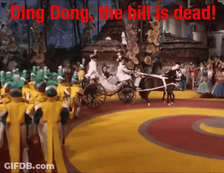 A Carriage Is Pulled By A Horse With The Words " Ding Dong The Bill Is Dead " Written Above It GIF