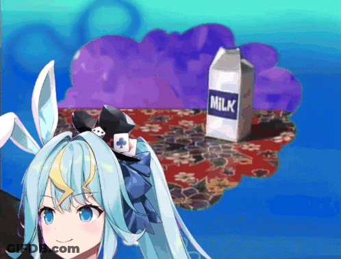 A Carton Of Milk Is Sitting On A Table Next To A Girl With Bunny Ears GIF
