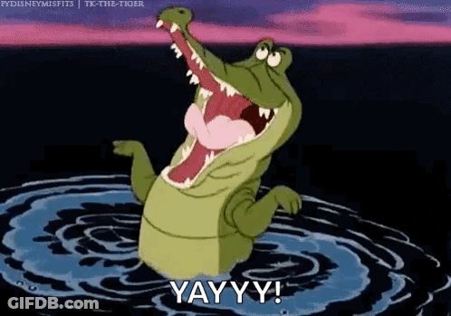 A Cartoon Alligator Is Standing In The Water With Its Mouth Open And Saying Yay Yy ! GIF