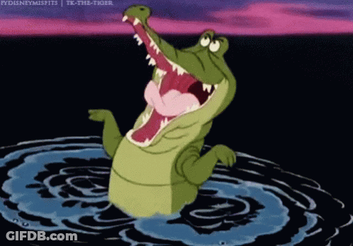 A Cartoon Alligator Is Swimming In The Water With Its Mouth Wide Open . GIF