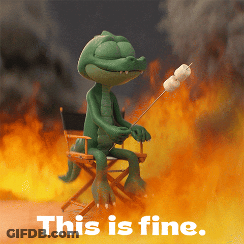A Cartoon Alligator Sitting In A Director 'S Chair Roasting Marshmallows With The Words This Is Fine Behind Him GIF
