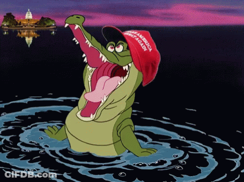 A Cartoon Alligator Wearing A Red Hat That Says " Make America Great Again " GIF
