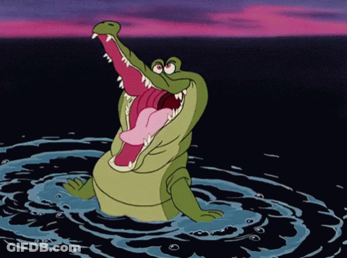 A Cartoon Alligator With Its Mouth Open Is Swimming In The Water GIF