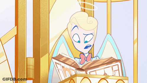 A Cartoon Angel Is Reading A Book While Sitting In A Chair GIF