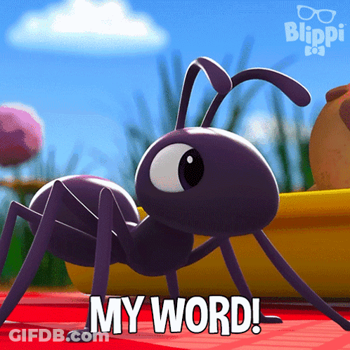A Cartoon Ant Says My Word On A Red Table Cloth GIF
