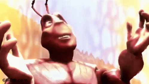 A Cartoon Ant With Its Arms Outstretched Is Looking Up At Something . GIF