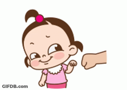 A Cartoon Baby Girl Is Holding A Man 'S Hand . GIF