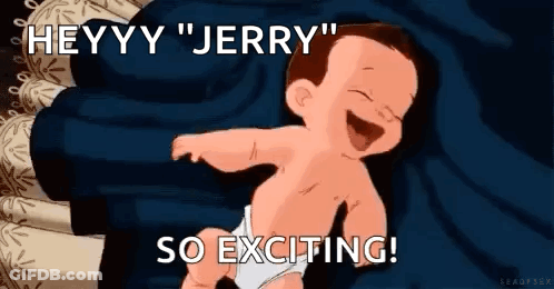 A Cartoon Baby In A Diaper Is Laying On A Bed With The Words `` Heyy Jerry '' So Exciting . GIF