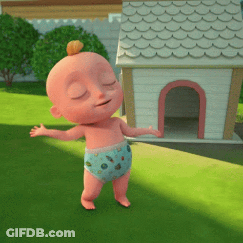 A Cartoon Baby In A Diaper Is Walking In Front Of A Dog House GIF