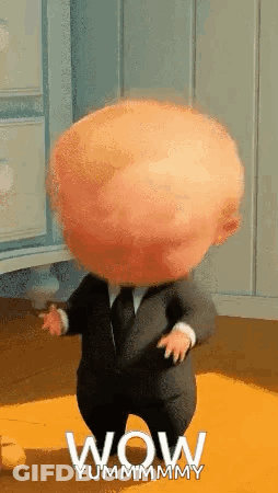 A Cartoon Baby In A Suit And Tie Is Dancing On A Yellow Rug . GIF