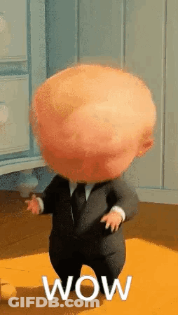 A Cartoon Baby In A Suit And Tie Is Standing On A Yellow Floor And Says Wow . GIF