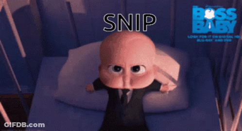 A Cartoon Baby Is Crying With Snip Written On Its Head GIF
