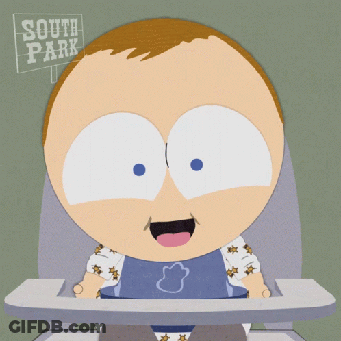 A Cartoon Baby Is Sitting In A High Chair With A South Park Sign Behind Him GIF