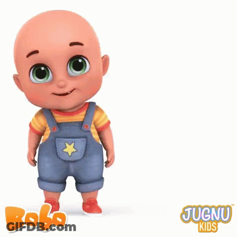 A Cartoon Baby Is Standing In Front Of A Sign That Says Happy Birthday GIF