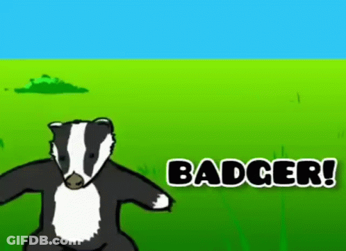 A Cartoon Badger Is Standing In A Grassy Field With The Word Badger Written On The Bottom GIF