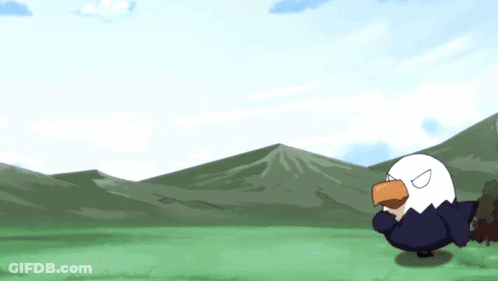 A Cartoon Bald Eagle Is Standing In A Field With Mountains In The Background . GIF