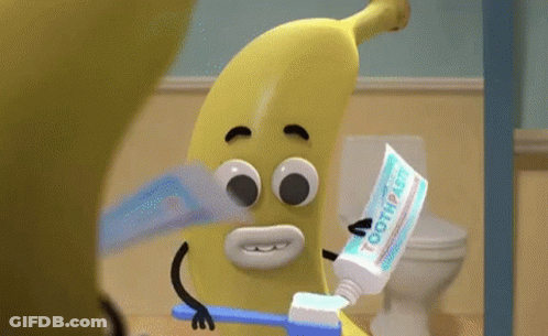 A Cartoon Banana Is Brushing Its Teeth With A Blue Toothbrush And Toothpaste . GIF