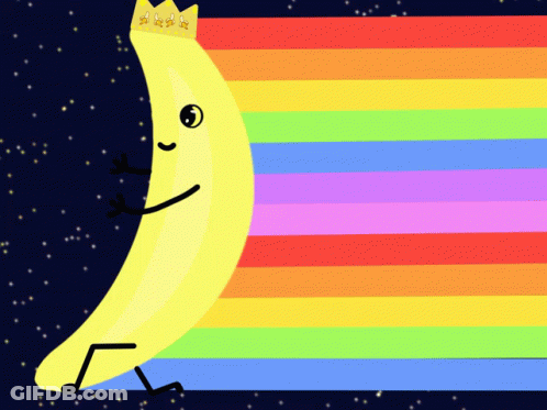 A Cartoon Banana With A Crown On Its Head And A Rainbow In The Background GIF